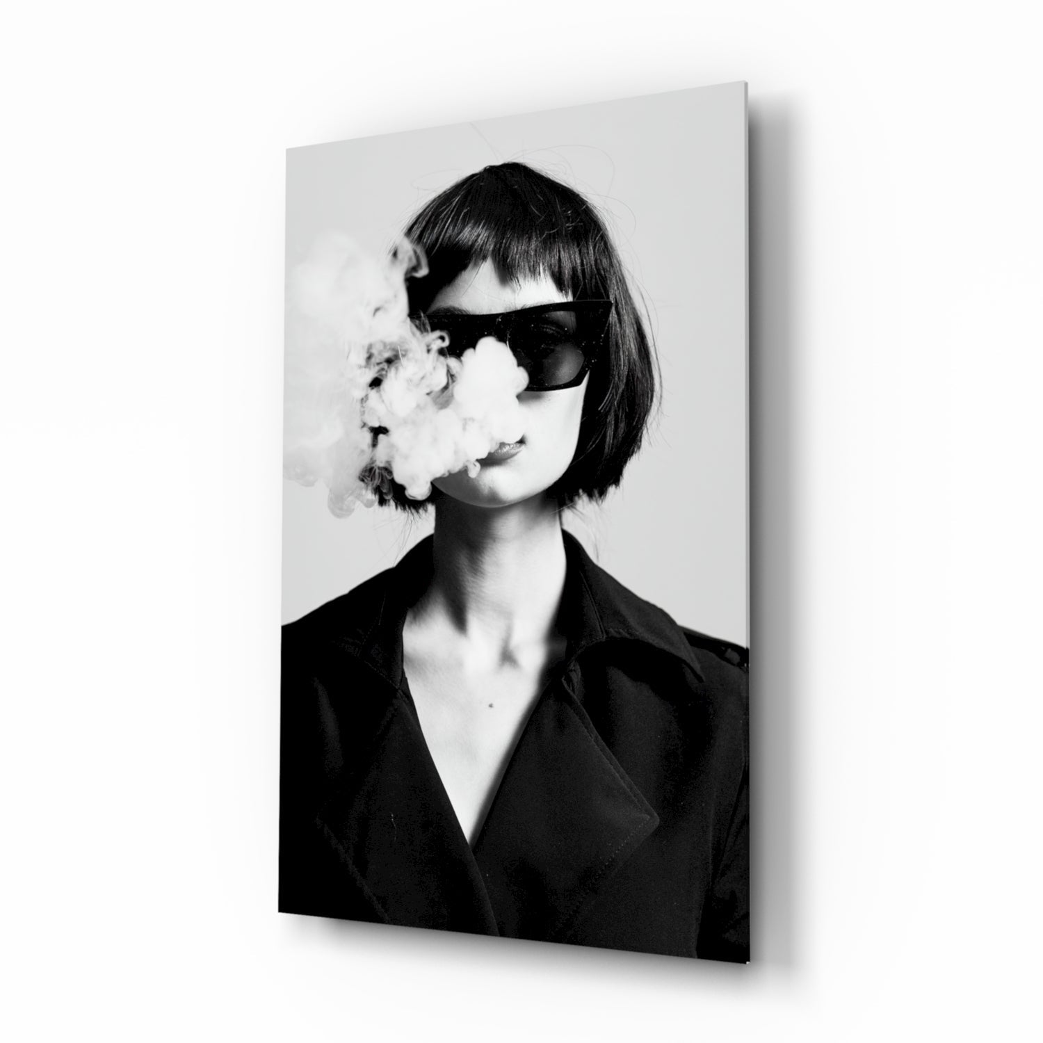 Black and white woman noir portrait glass wall art