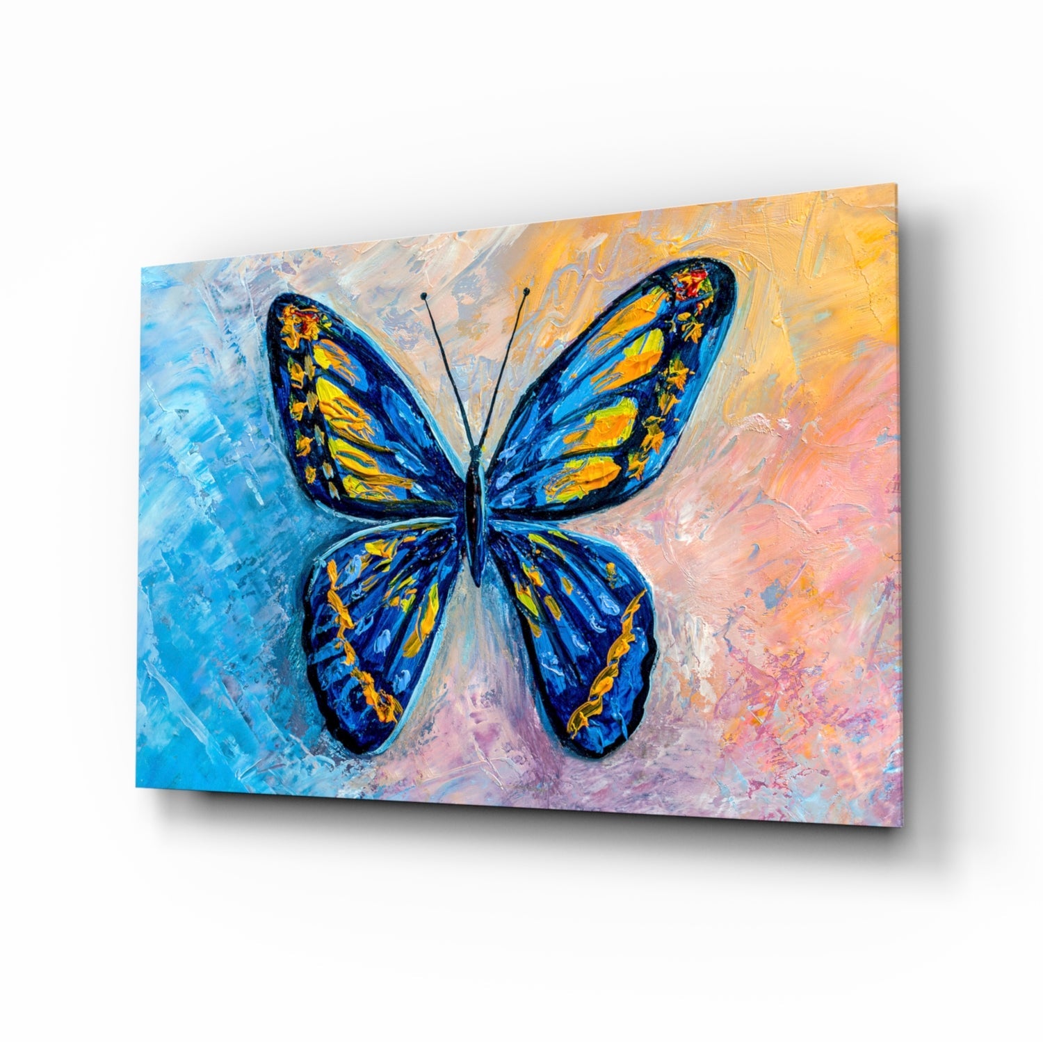 Butterfly glass wall art pastel blue gold tempered glass