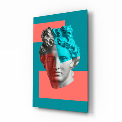Apollo bust pop art glass wall art in coral and teal