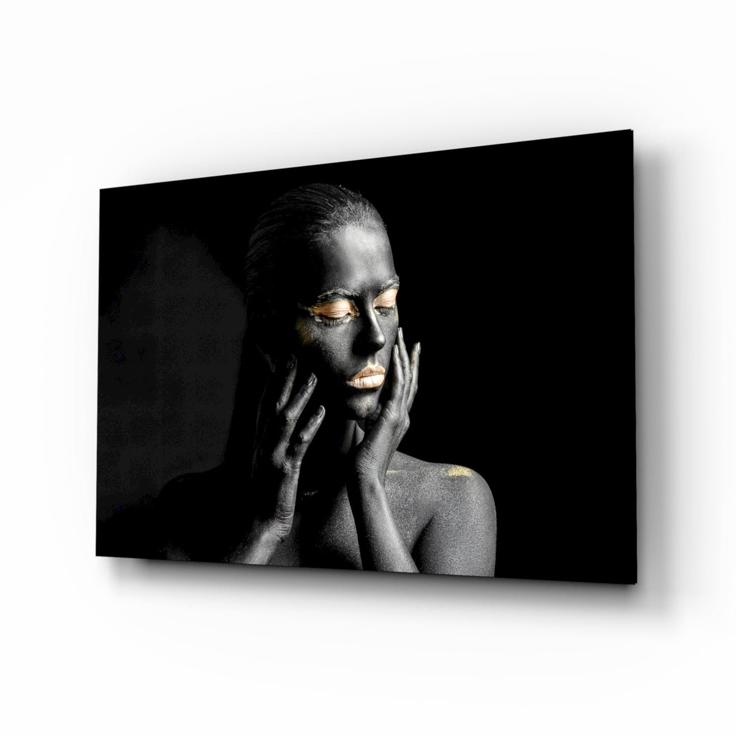 Gold eyelids hands woman glass wall art