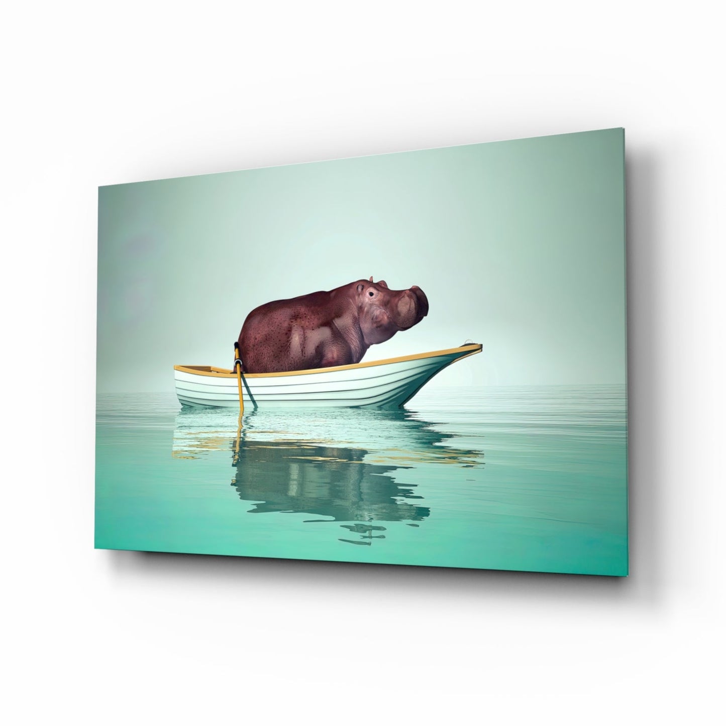 Hippo in yellow boat on mint water glass wall art panel