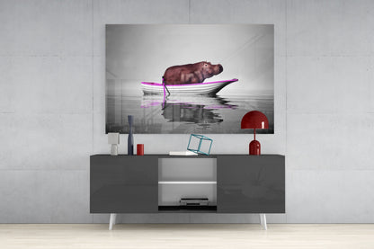 Hippo in Magenta Boat Glass Wall Art