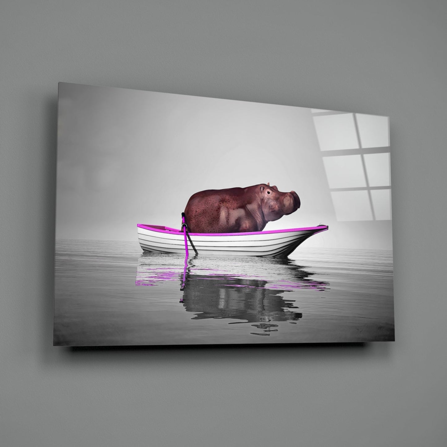Hippo in Magenta Boat Glass Wall Art
