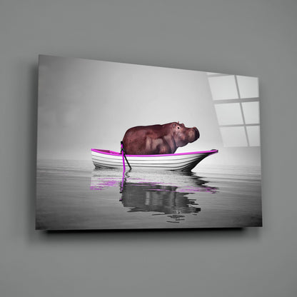 Hippo in Magenta Boat Glass Wall Art