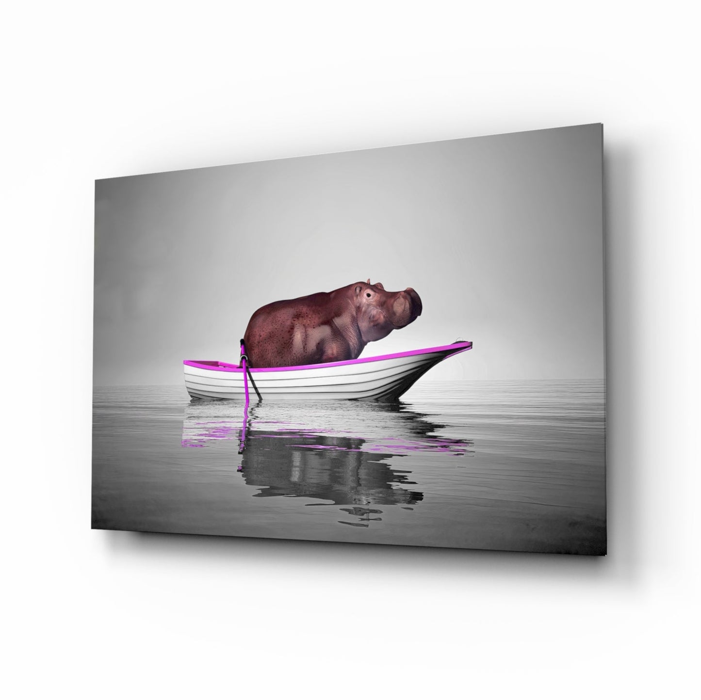 Hippo in magenta boat glass wall art panel on misty lake