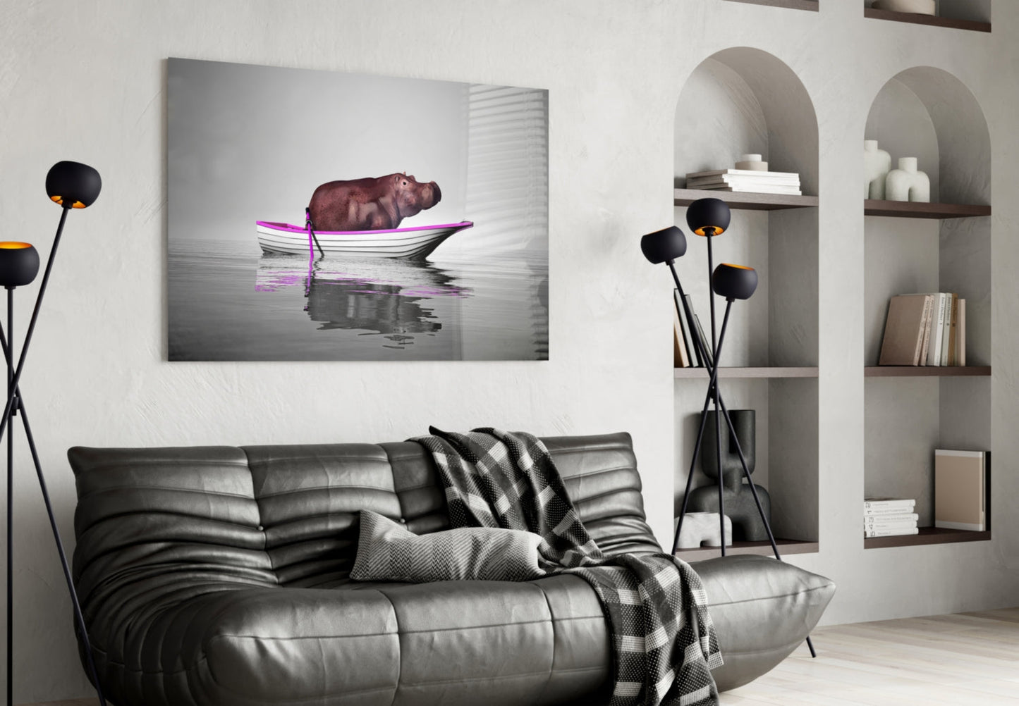 Hippo in Magenta Boat Glass Wall Art