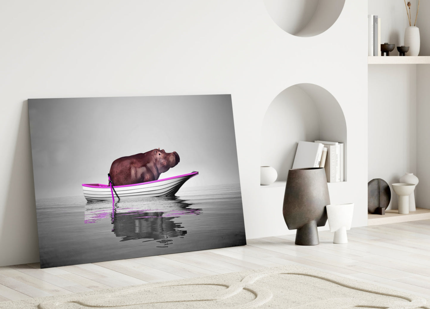 Hippo in Magenta Boat Glass Wall Art