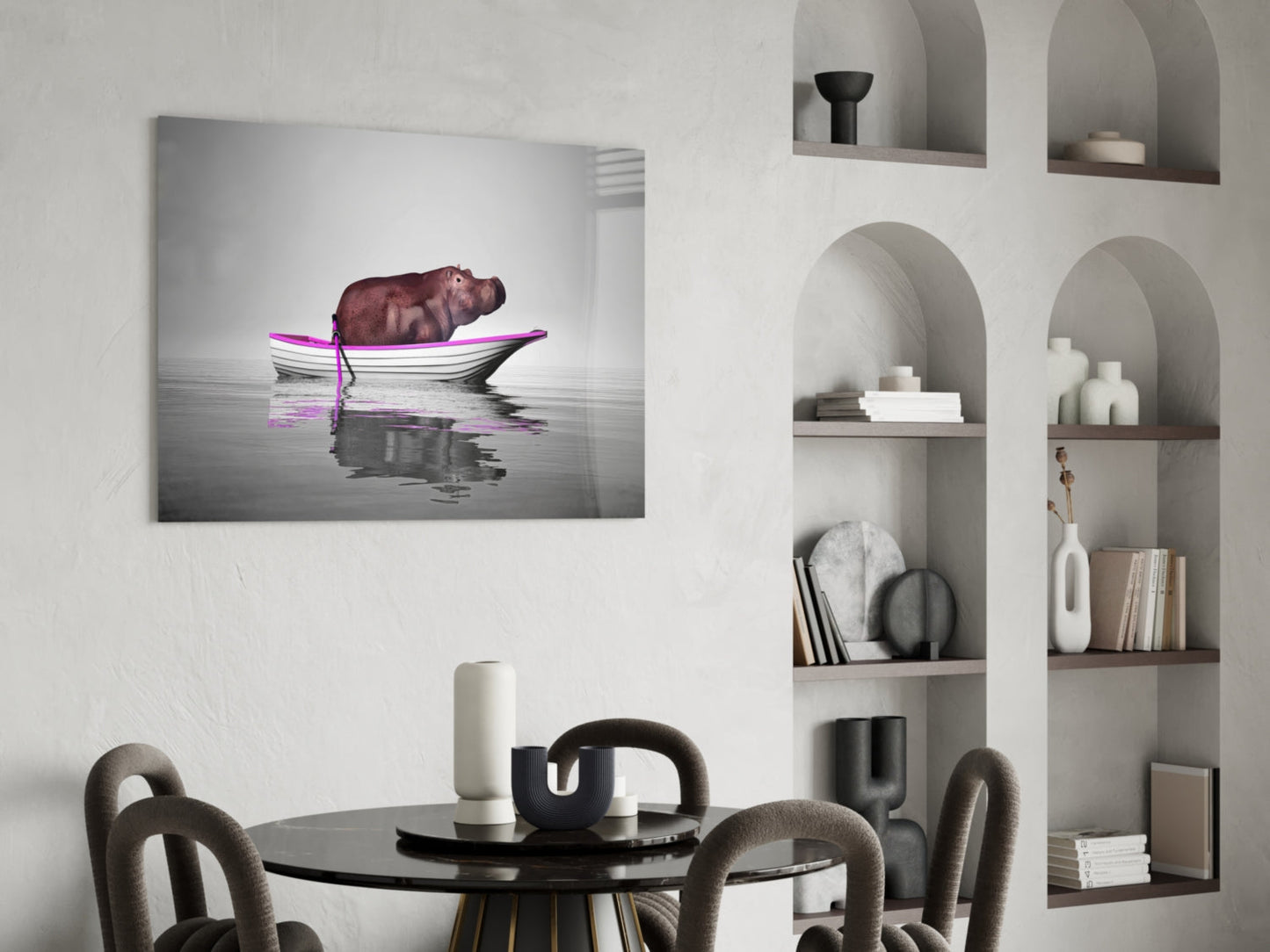 Hippo in Magenta Boat Glass Wall Art