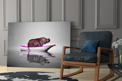 Hippo in Magenta Boat Glass Wall Art