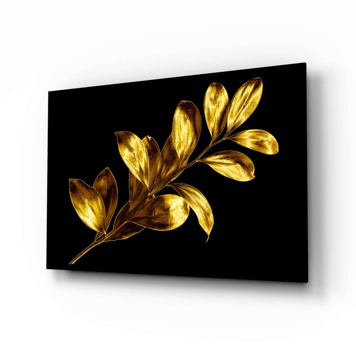 Yellow Leaves tempered glass wall art hanging in a modern dining room