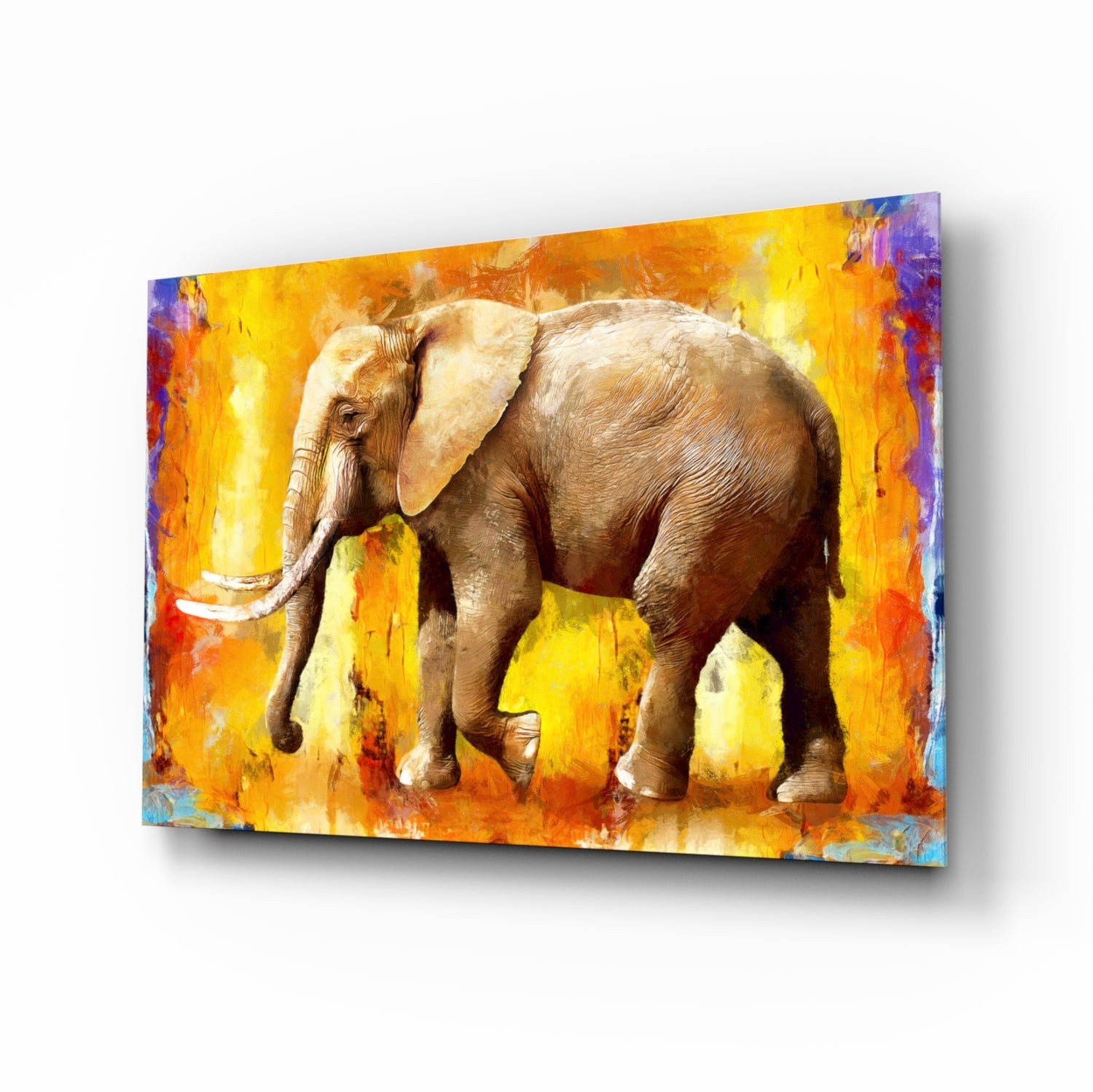 Golden Yellow Oil Painting Elephant glass wall art wildlife print