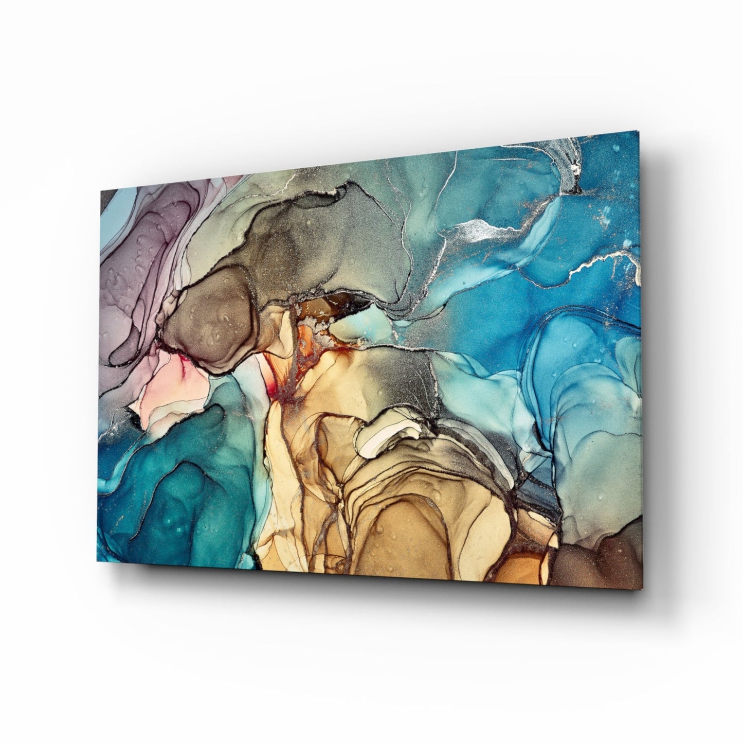Blue amber alcohol ink marble glass wall art