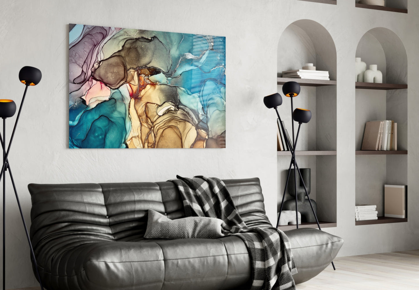 Blue Amber Alcohol Ink Marble Glass Wall Art