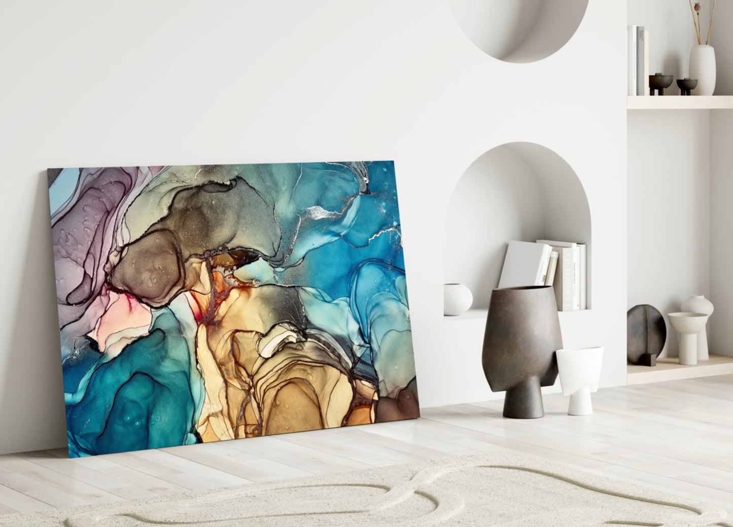 Blue Amber Alcohol Ink Marble Glass Wall Art
