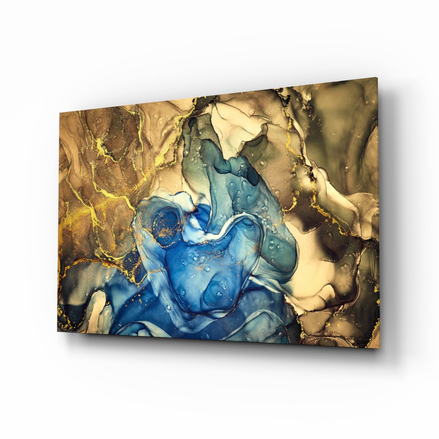 Sapphire Bloom in Golden Marble abstract glass wall art