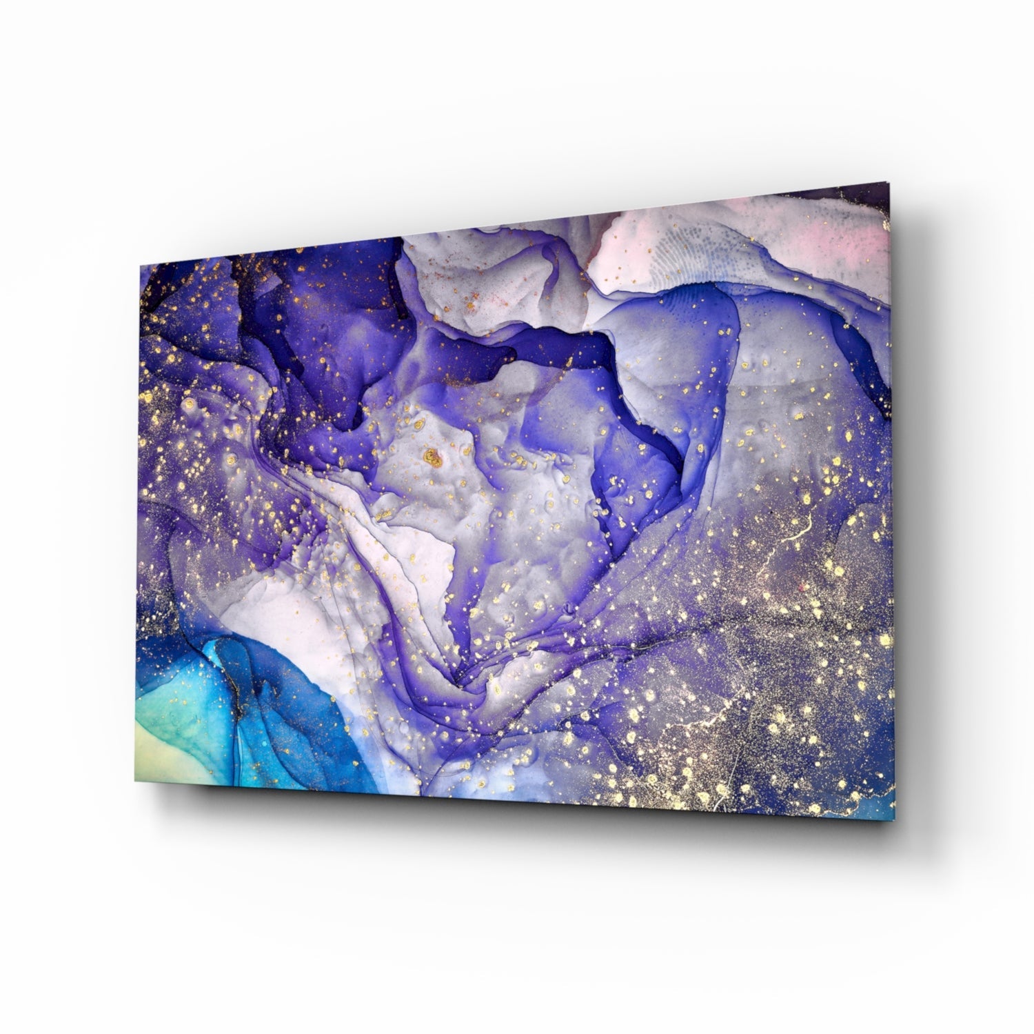 Violet ink and gold splatter abstract glass wall art