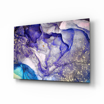 Violet ink and gold splatter abstract glass wall art