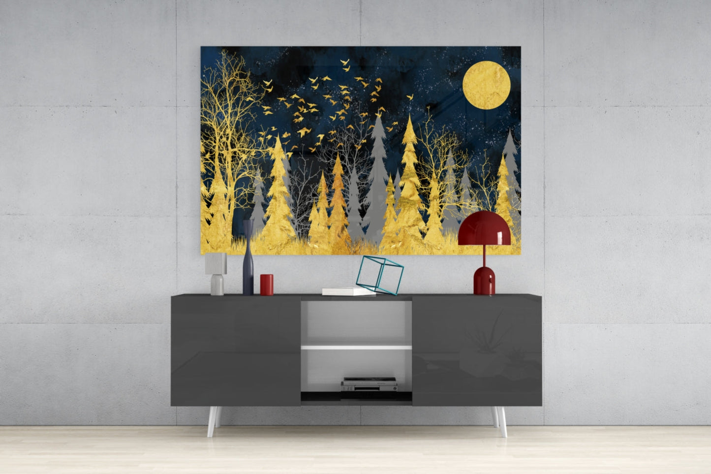 Gold Forest Moonlit Night Glass Wall Art