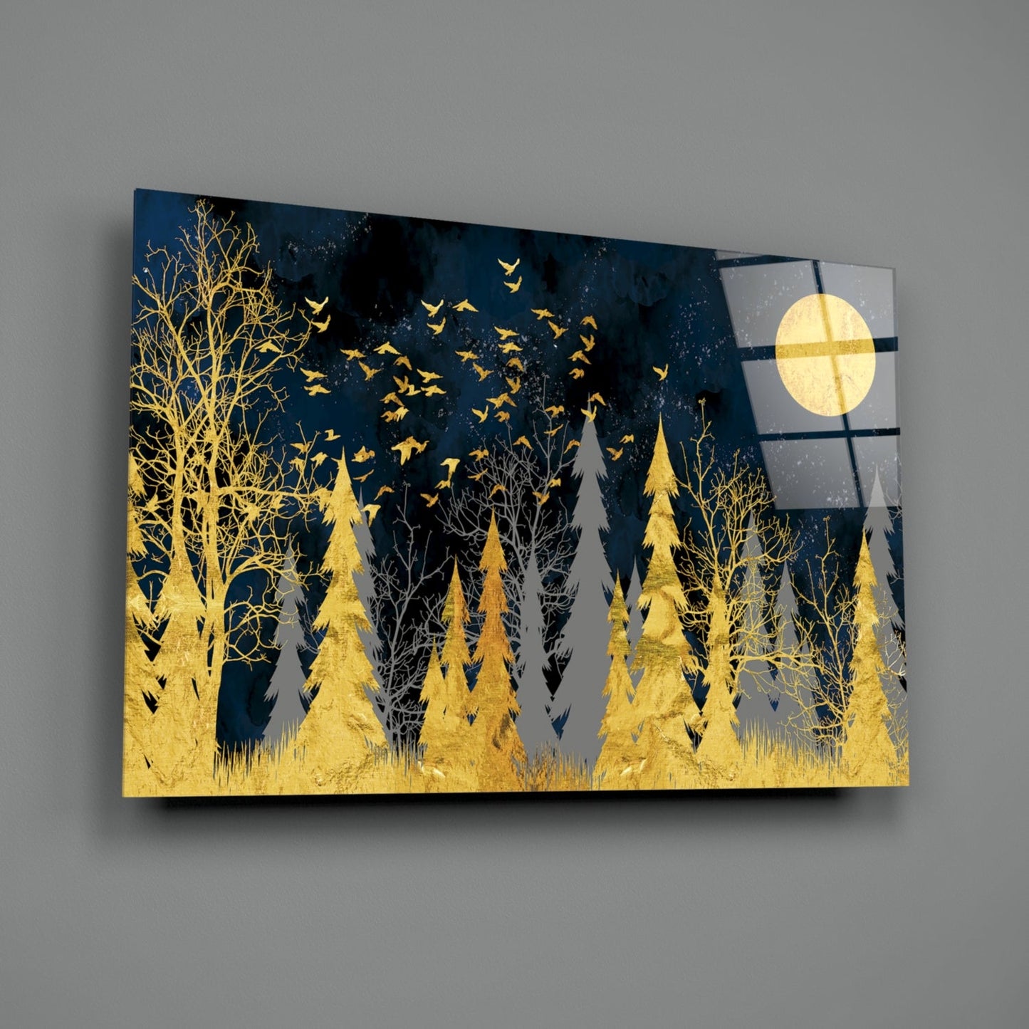 Gold Forest Moonlit Night Glass Wall Art