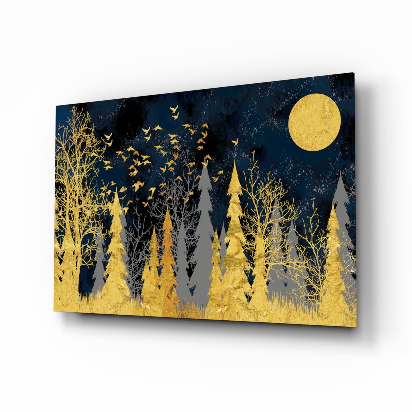 Gold forest moonlit night glass wall art