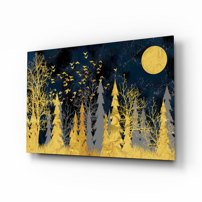 Gold forest moonlit night glass wall art