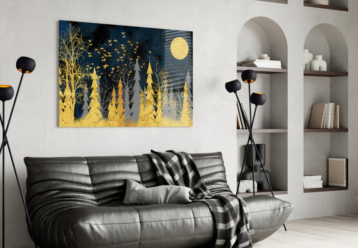 Gold Forest Moonlit Night Glass Wall Art