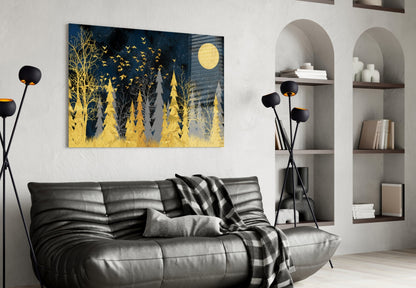 Gold Forest Moonlit Night Glass Wall Art