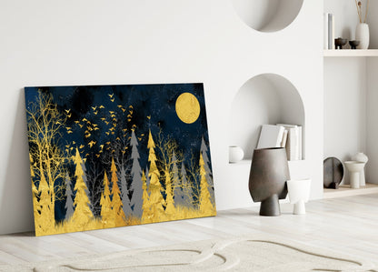 Gold Forest Moonlit Night Glass Wall Art