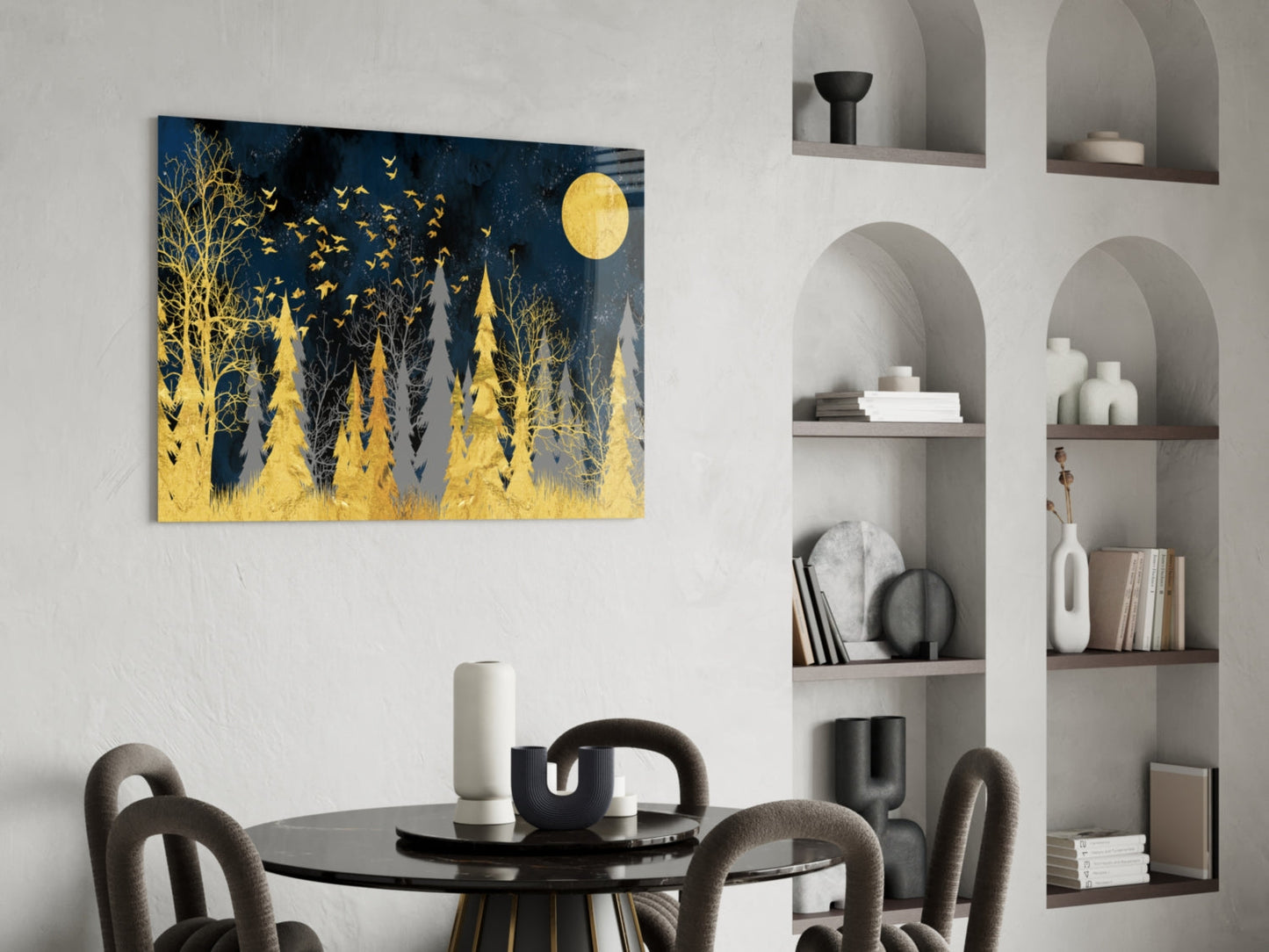 Gold Forest Moonlit Night Glass Wall Art
