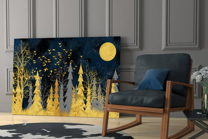 Gold Forest Moonlit Night Glass Wall Art