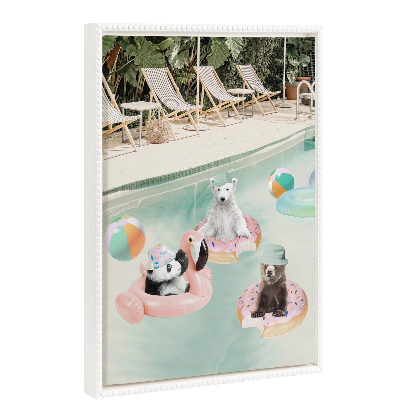 Playful animals at a summer pool party, bright canvas wall art for kids