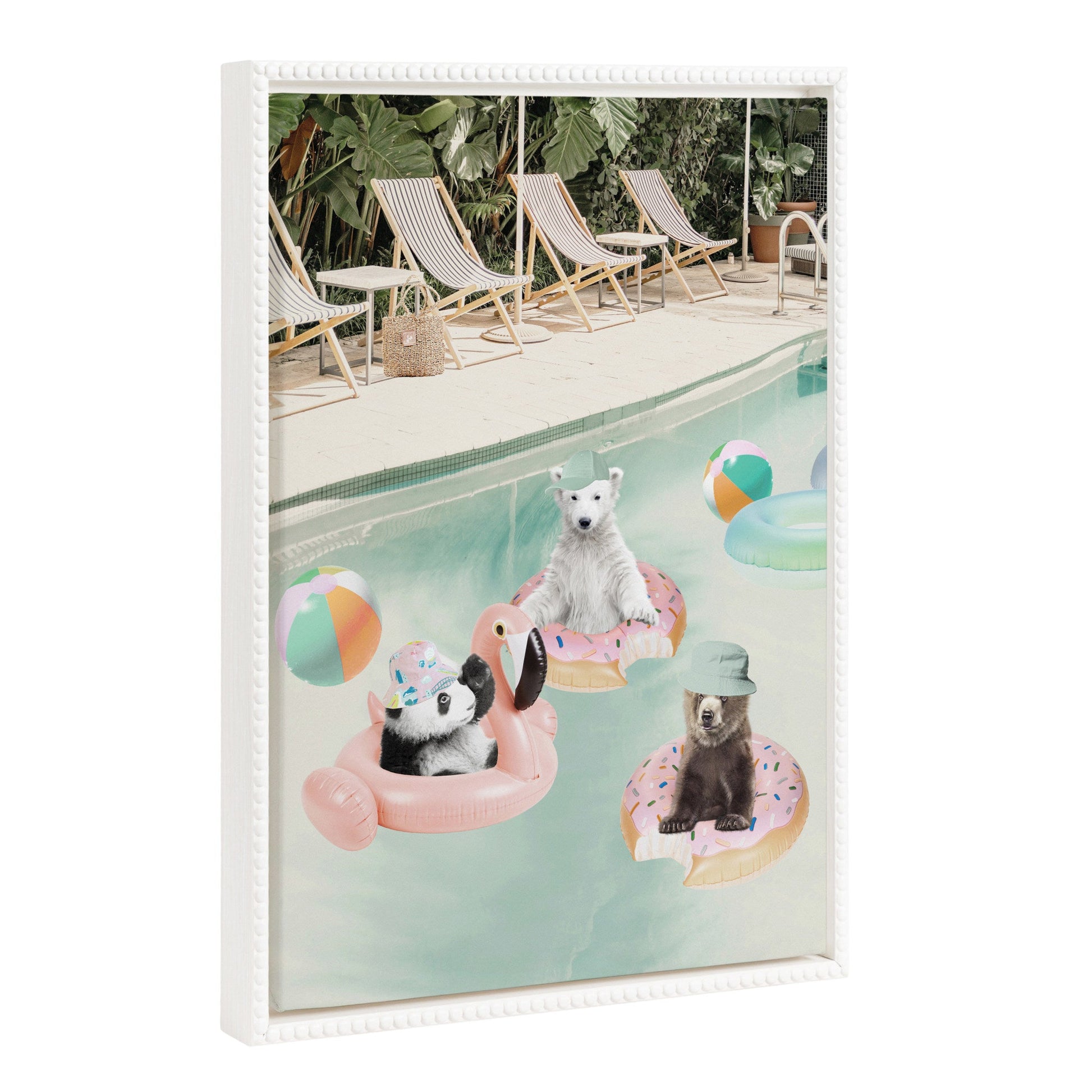 Playful animals at a summer pool party, bright canvas wall art for kids