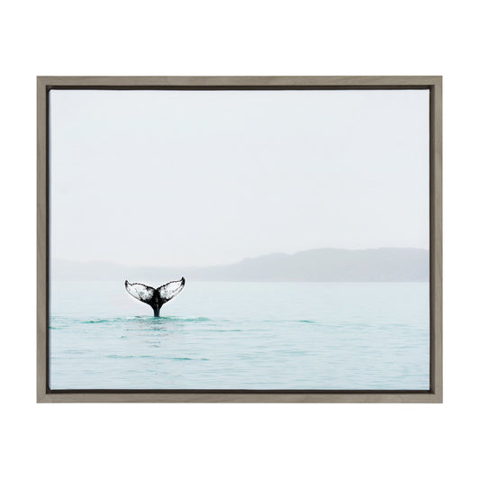 Whale tail in the mist framed canvas wall art, coastal decor