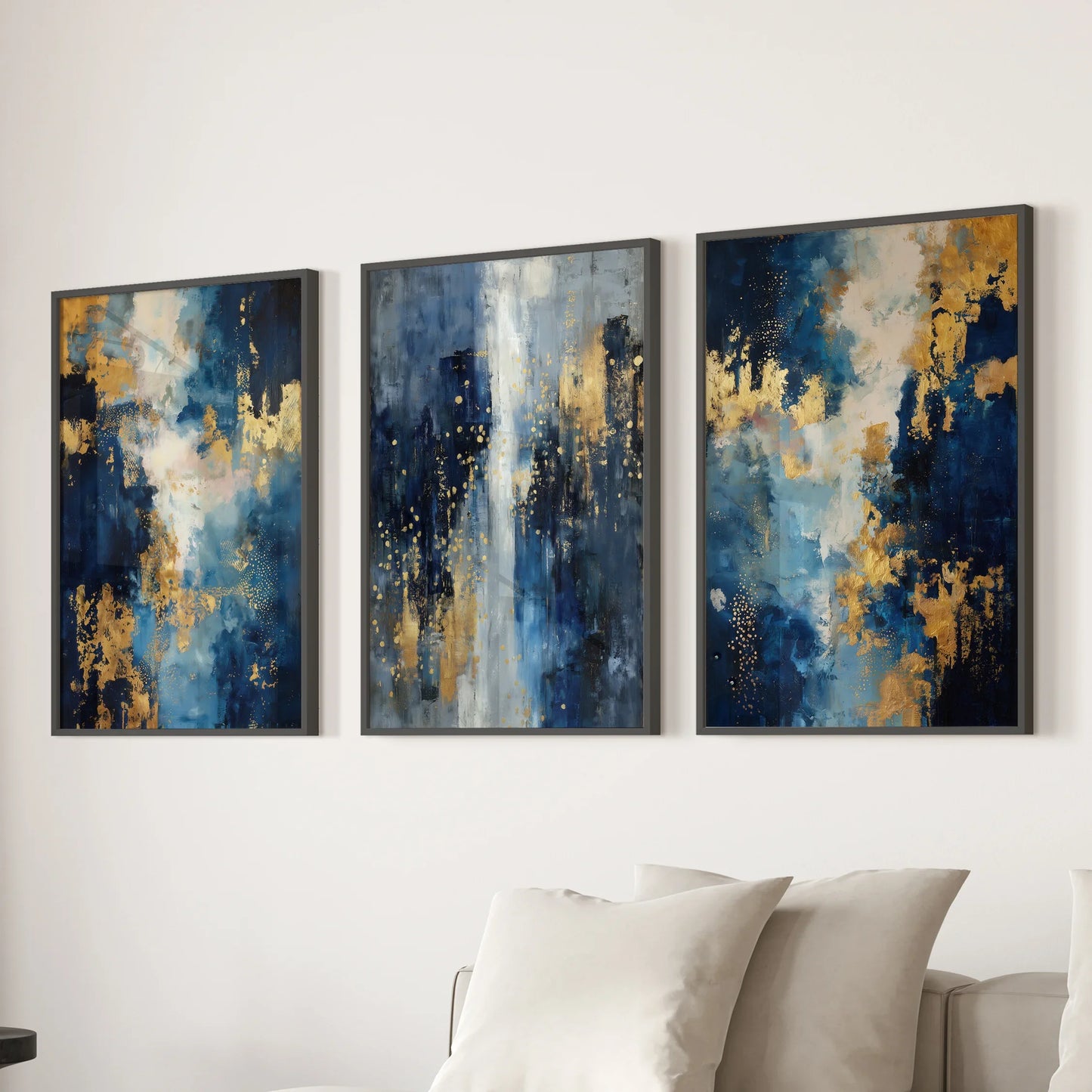 Navy and Gold Abstract Wall Art Set of 3 Contemporary Prints