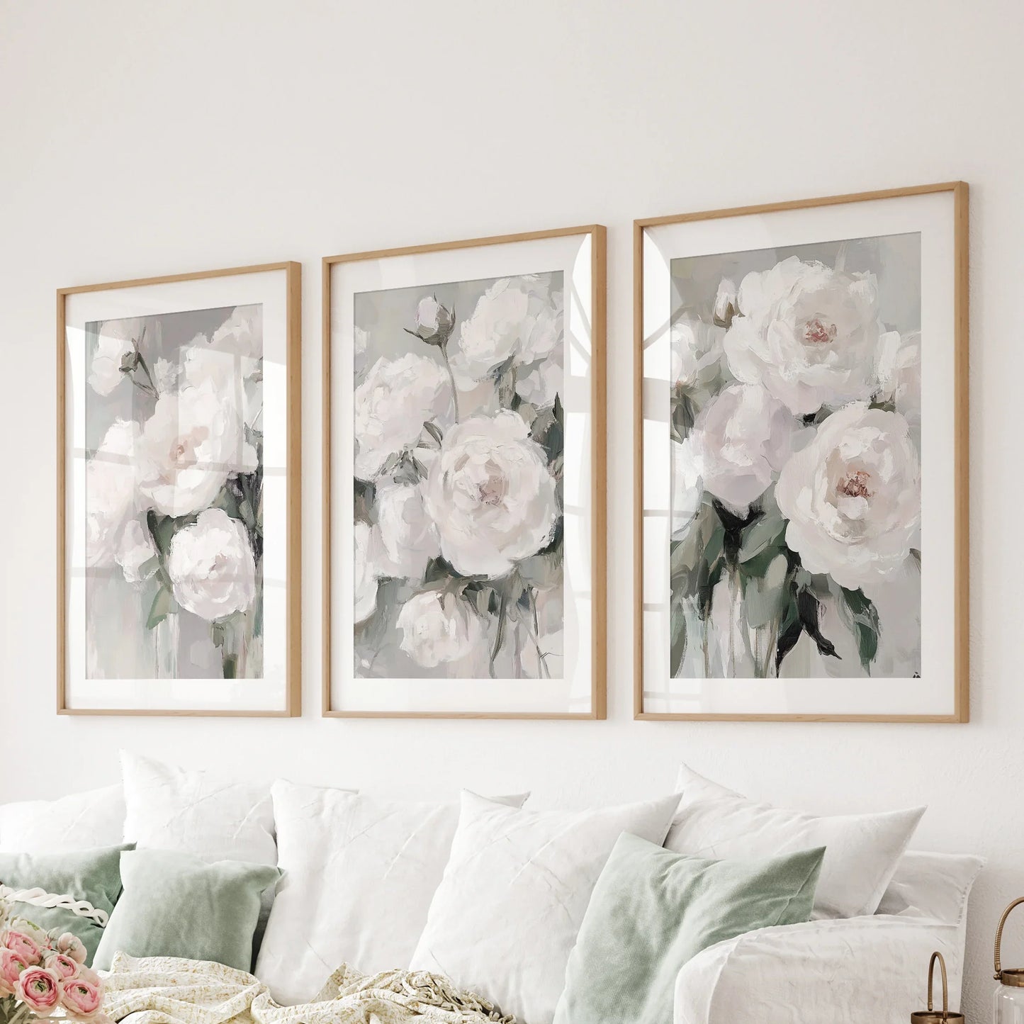 Romantic White Peony Wall Art Set of 3 Floral Prints