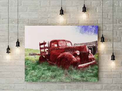 Old Red Farm Truck rustic landscape canvas wall art