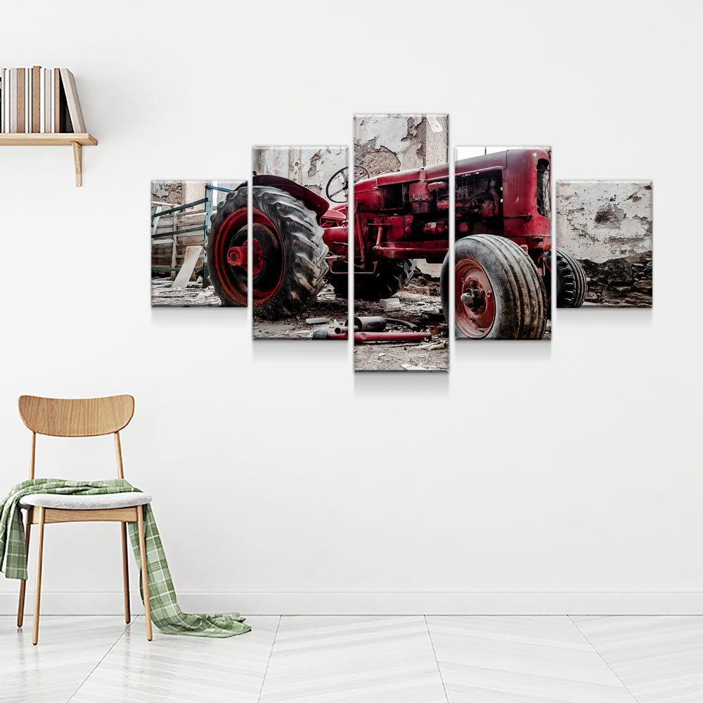 Old red tractor farmhouse five-piece canvas wall art set