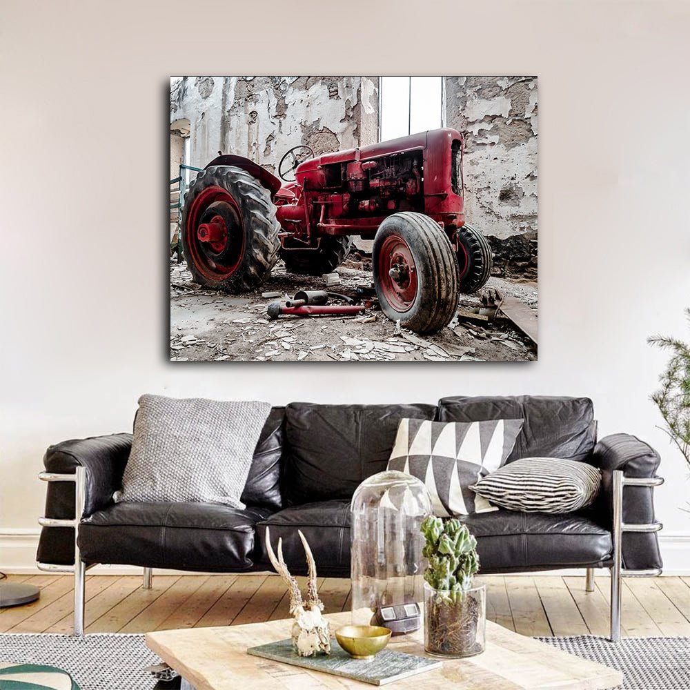 Old red tractor vintage farmhouse canvas wall art print