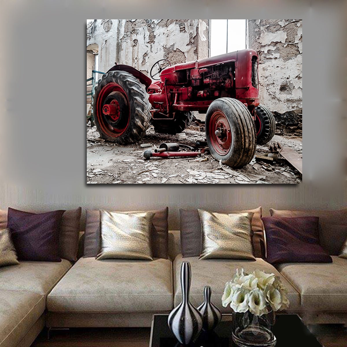 Old Red Tractor Vintage Farmhouse Canvas Wall Art