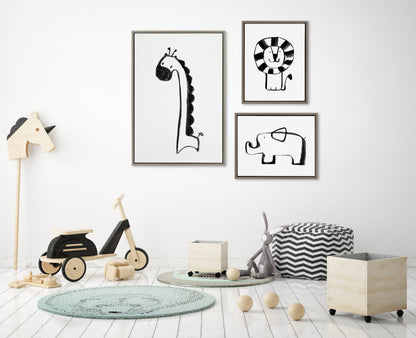 Giraffe, Lion and Elephant Black and White Canvas Set