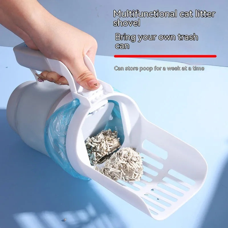 one-hand cat litter scoop collecting clumping litter with waste bag inside