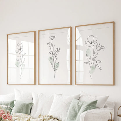 Modern Botanical Line Art Wall Art Set of 3 Floral Prints