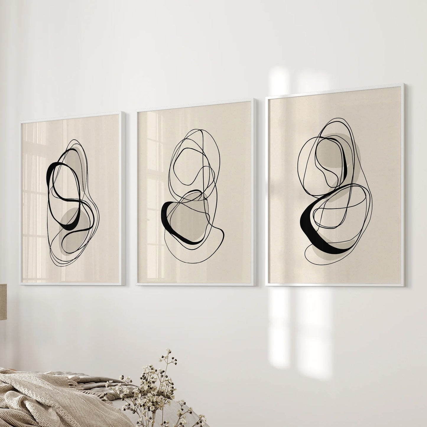 Black and Beige Abstract Wall Art Set of 3 Line Prints