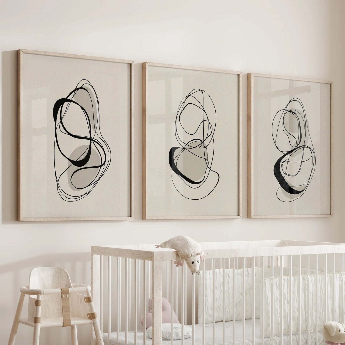 Black and Beige Abstract Wall Art Set of 3 Line Prints