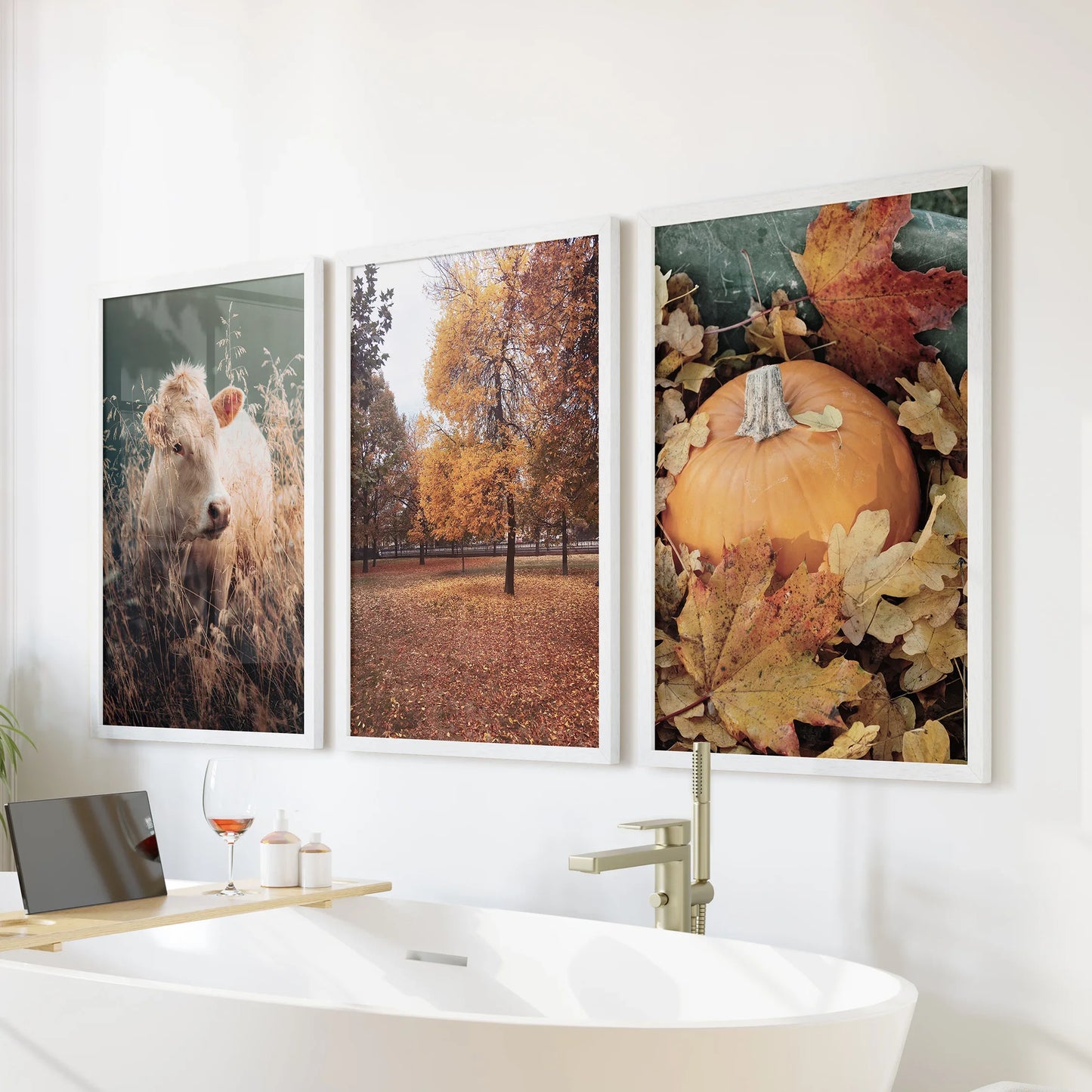 Autumn Farmhouse Wall Art Set of 3 Cow and Fall Prints