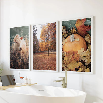 Autumn Farmhouse Wall Art Set of 3 Cow and Fall Prints