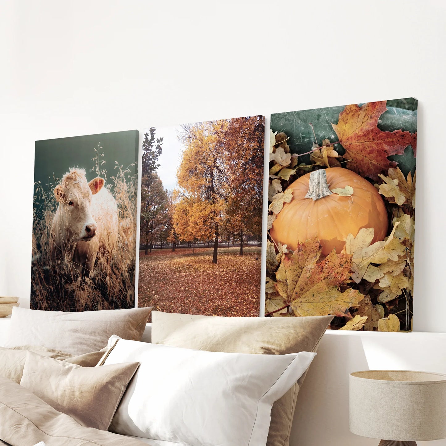 Autumn Farmhouse Wall Art Set of 3 Cow and Fall Prints