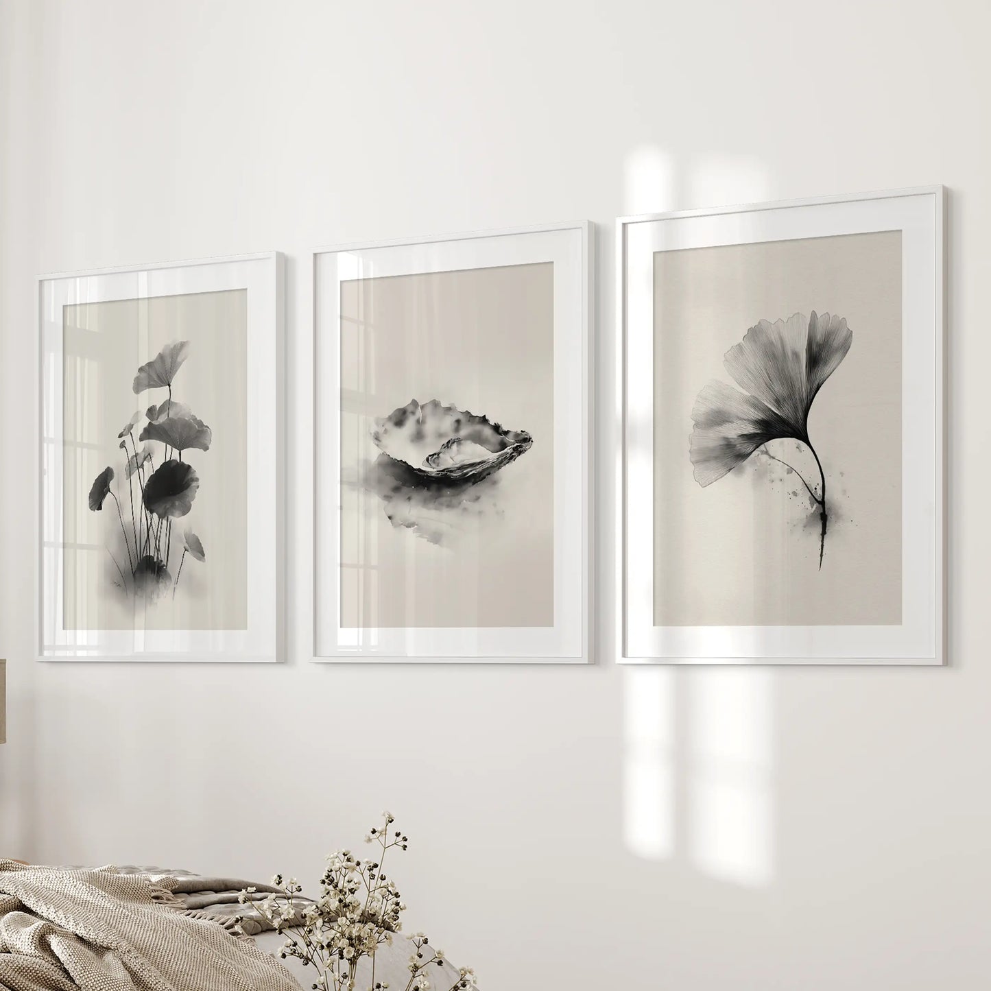 Japanese Botanical Wall Art Set of 3 Black and White Flowers
