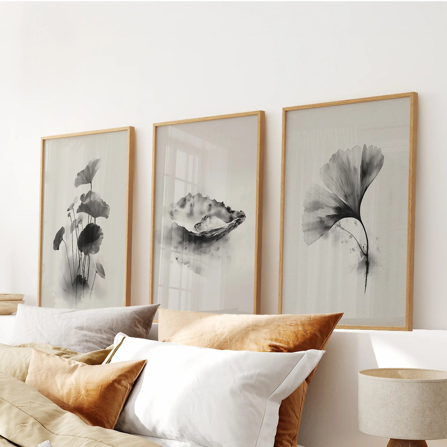 Japanese Botanical Wall Art Set of 3 Black and White Flowers
