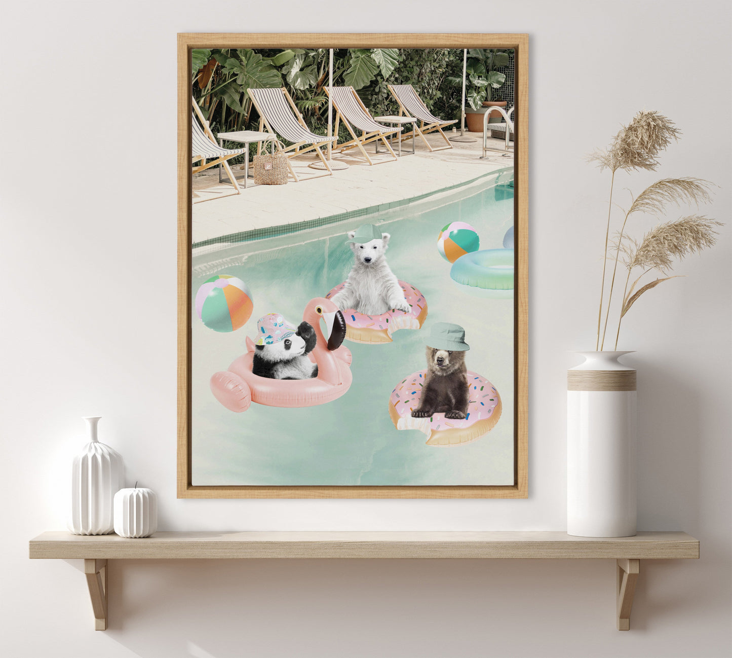 Pool Party Animals Whimsical Framed Canvas Wall Art